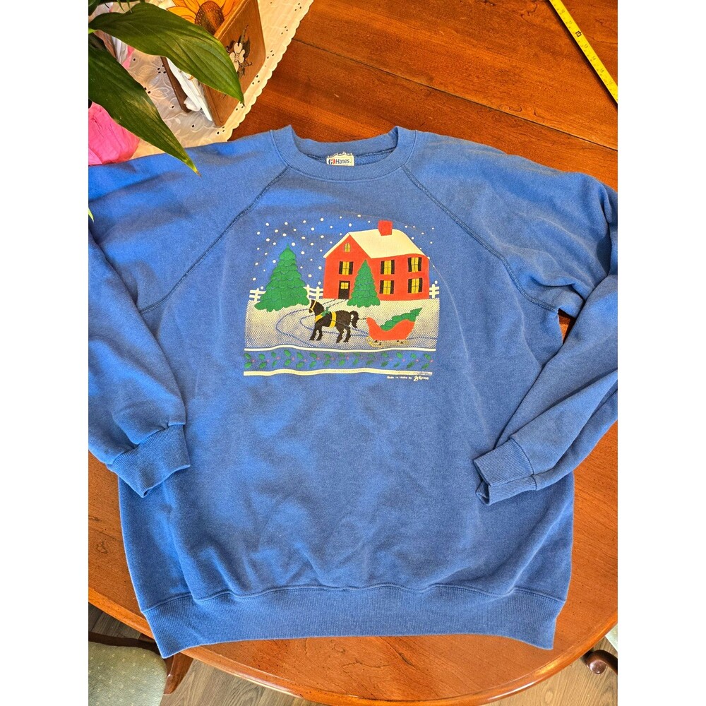 Vintage Christmas Hanes Men's XXL Blue Fleece Crewneck Pullover Sweatshirt